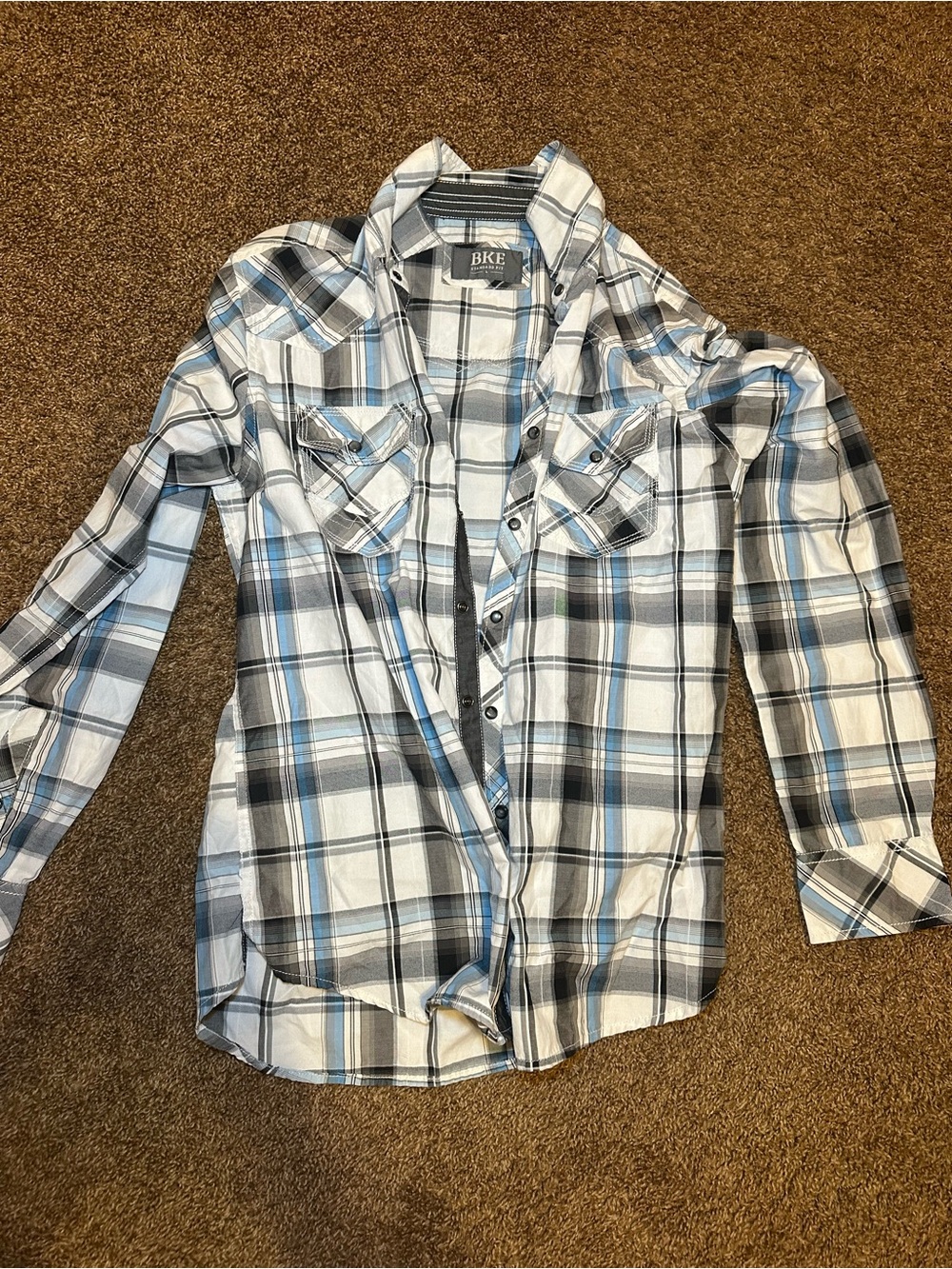BKE Plaid Button-Up Shirt in Blue, Gray & White